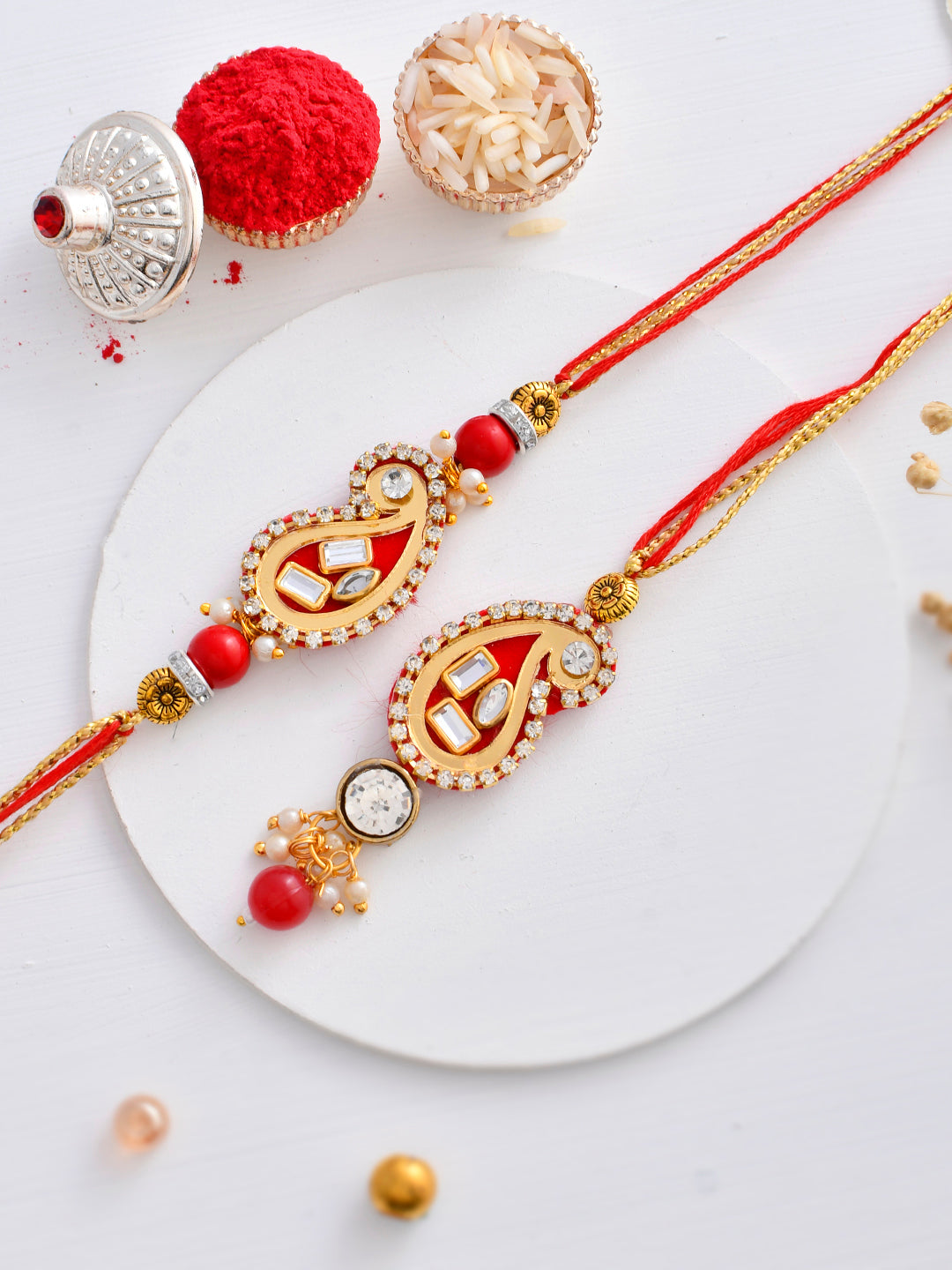 Beautiful Scarlet Red Kundan & Beads Crafted Bhaiya Bhabhi Rakhi Set