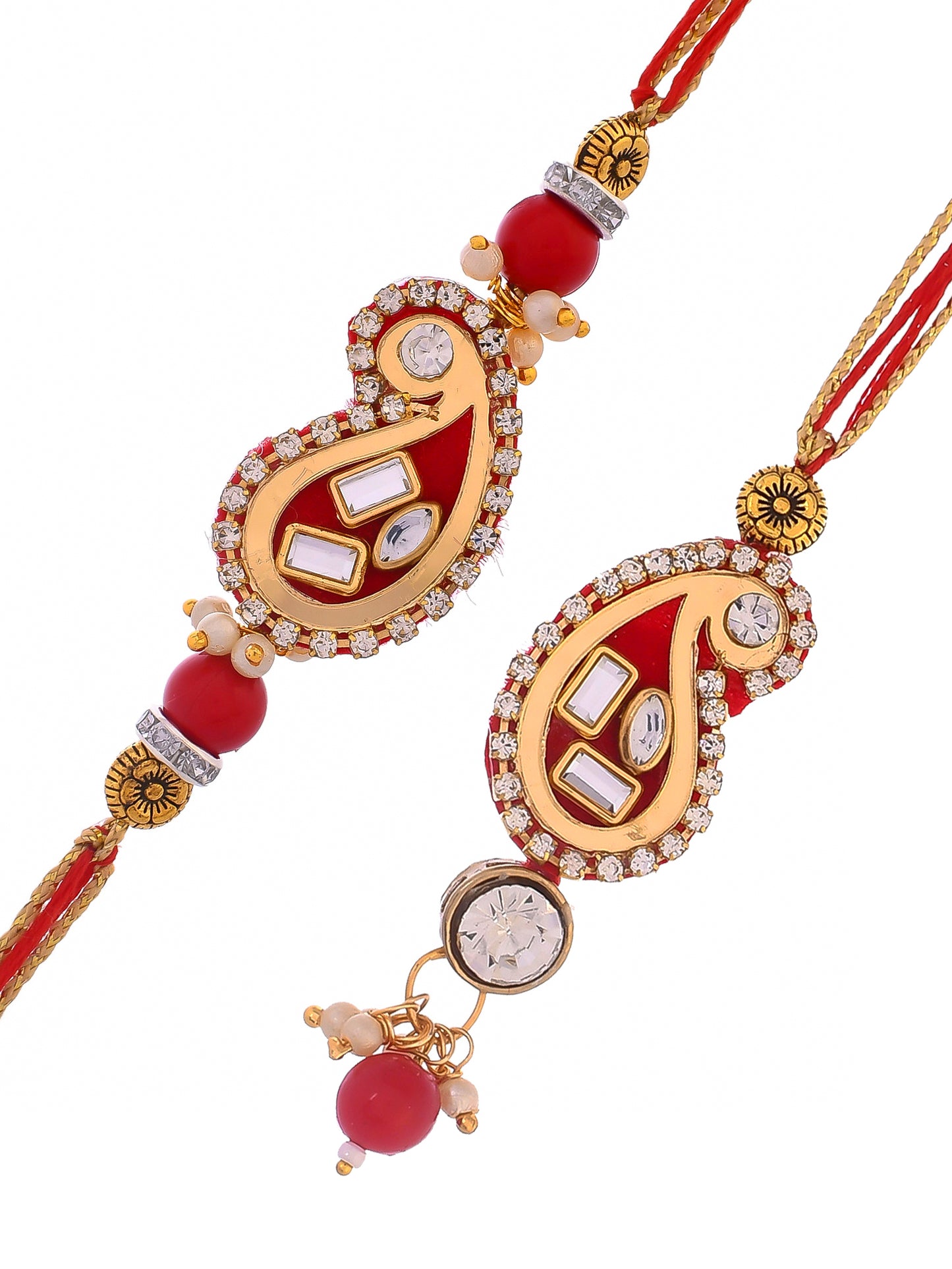 Beautiful Scarlet Red Kundan & Beads Crafted Bhaiya Bhabhi Rakhi Set