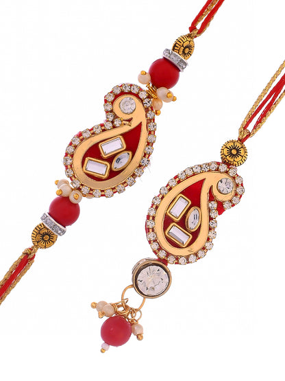 Beautiful Scarlet Red Kundan & Beads Crafted Bhaiya Bhabhi Rakhi Set