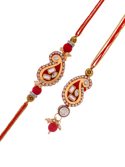 Beautiful Scarlet Red Kundan & Beads Crafted Bhaiya Bhabhi Rakhi Set