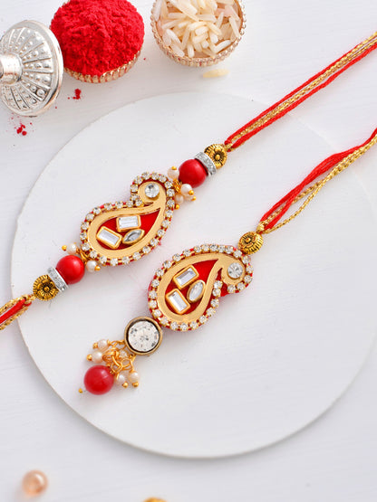 Beautiful Scarlet Red Kundan & Beads Crafted Bhaiya Bhabhi Rakhi Set