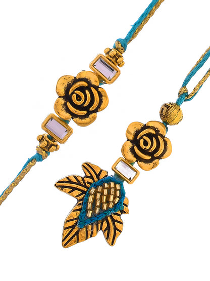 Beautiful Gold Rose & Leaf Bhaiya Bhabhi Rakhi Set