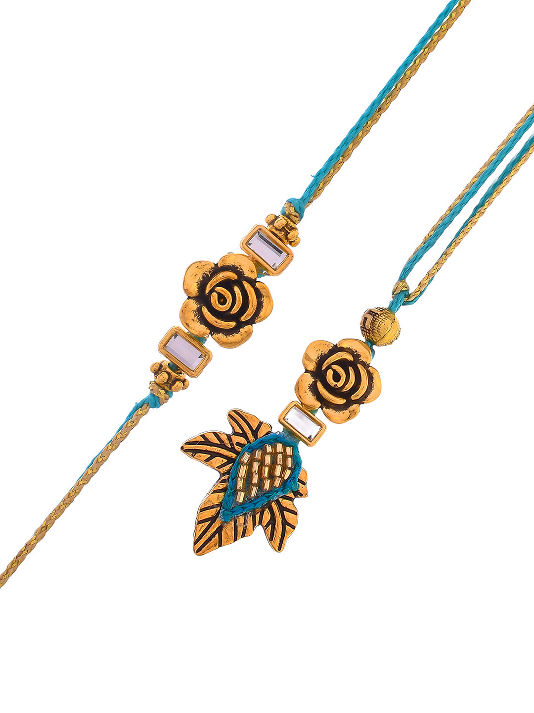 Beautiful Gold Rose & Leaf Bhaiya Bhabhi Rakhi Set