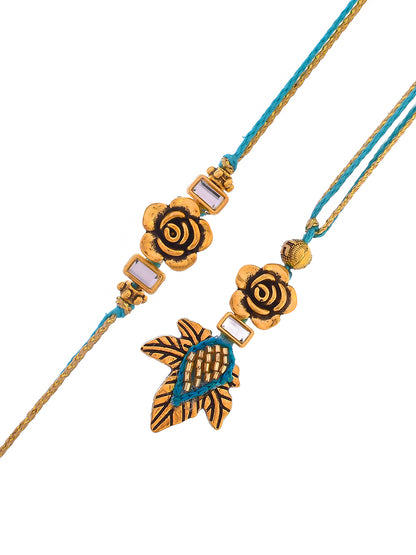 Beautiful Gold Rose & Leaf Bhaiya Bhabhi Rakhi Set