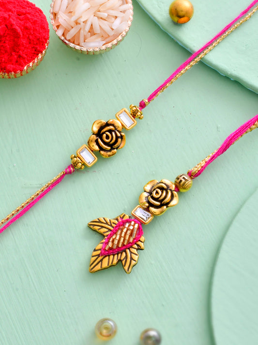 Beautiful Gold Rose & Leaf Bhaiya Bhabhi Rakhi Set