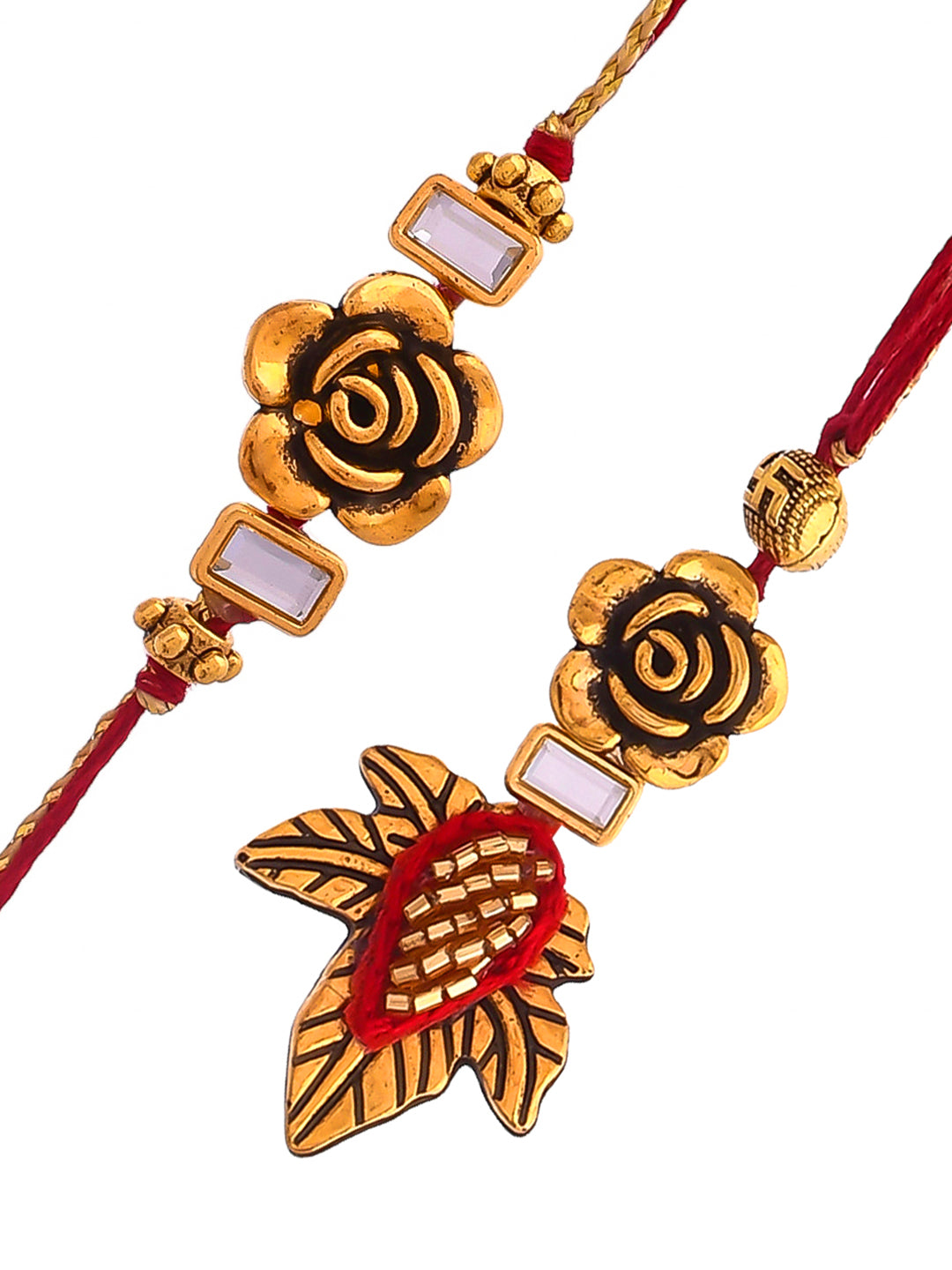 Beautiful Gold Rose & Leaf Bhaiya Bhabhi Rakhi Set