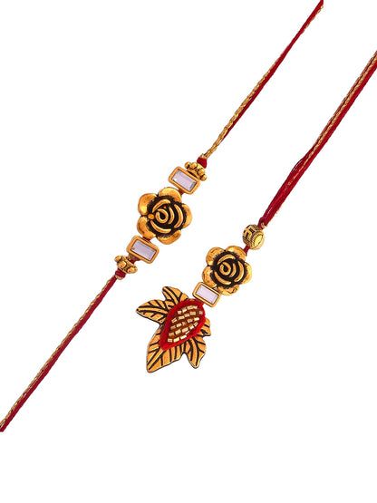 Beautiful Gold Rose & Leaf Bhaiya Bhabhi Rakhi Set