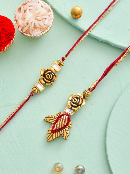 Beautiful Gold Rose & Leaf Bhaiya Bhabhi Rakhi Set