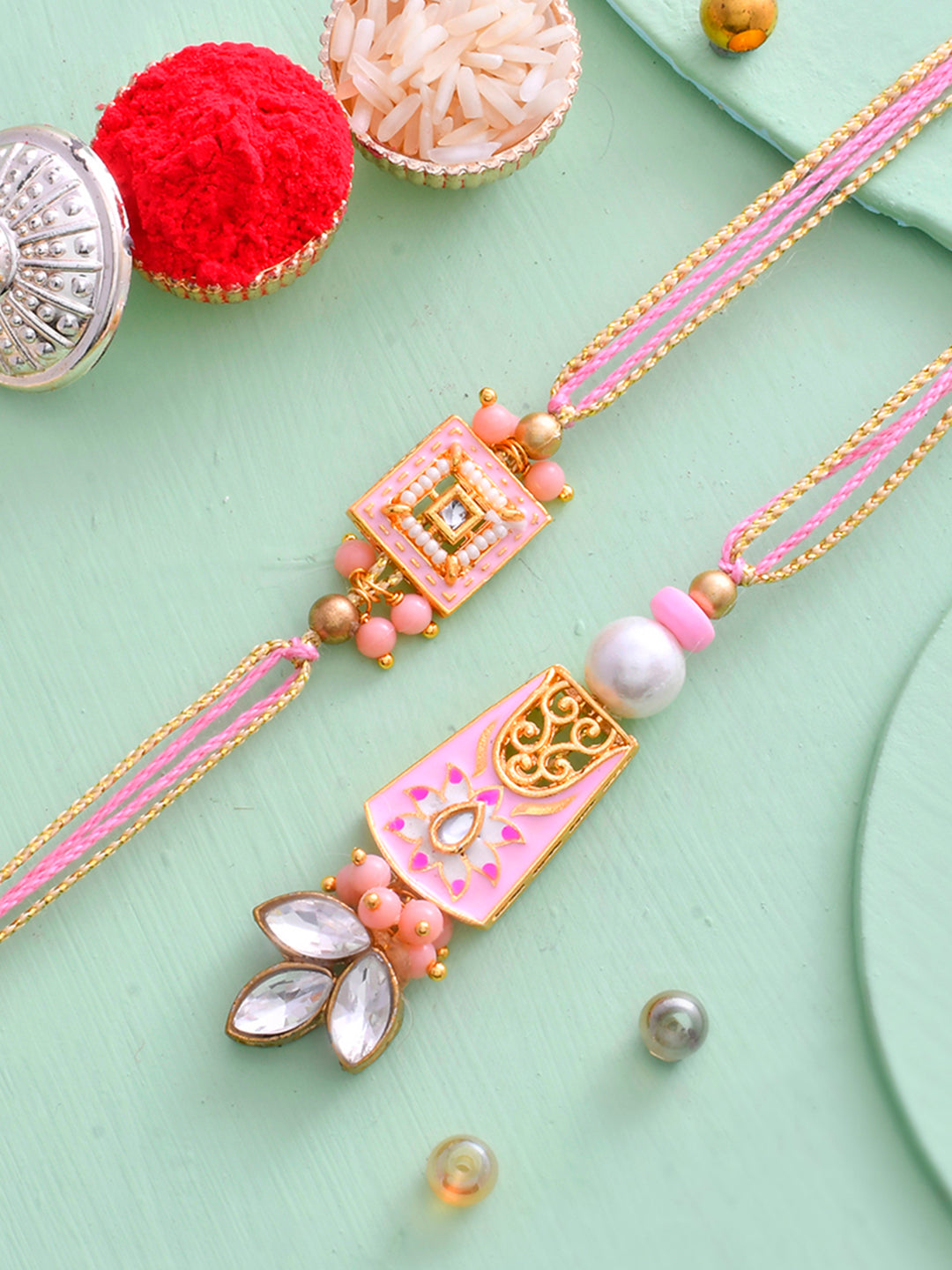 Pink Beads and Kundan Embellished Bhaiya Bhabhi Rakhi Set