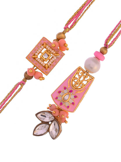 Pink Beads and Kundan Embellished Bhaiya Bhabhi Rakhi Set