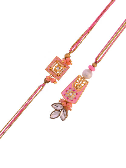 Pink Beads and Kundan Embellished Bhaiya Bhabhi Rakhi Set