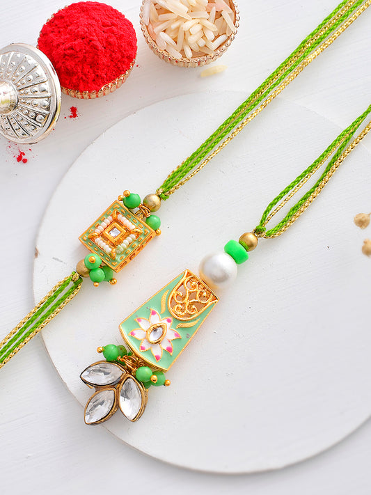 Pista Green Beads and Kundan Embellished Bhaiya Bhabhi Rakhi Set