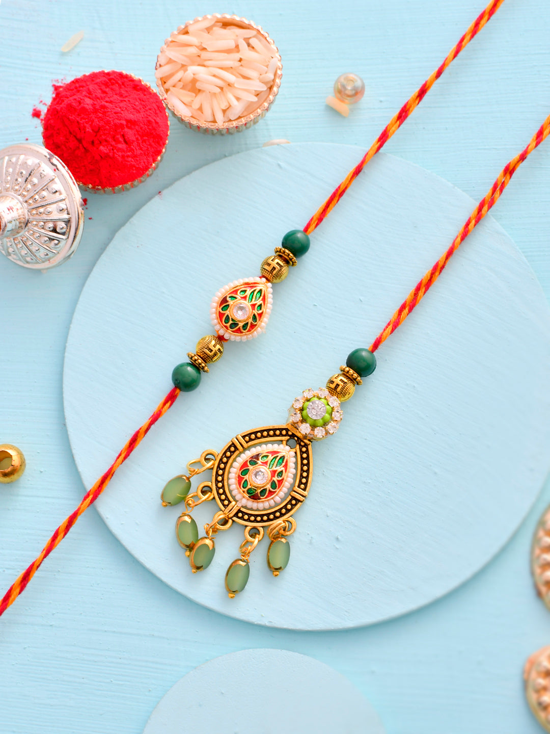 Elegant Kundan Meena Crafted Bhaiya Bhabhi Rakhi Set with Hanging Lumba Beads