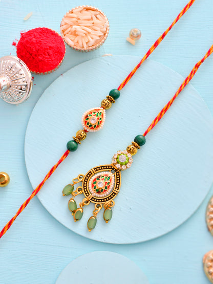 Elegant Kundan Meena Crafted Bhaiya Bhabhi Rakhi Set with Hanging Lumba Beads