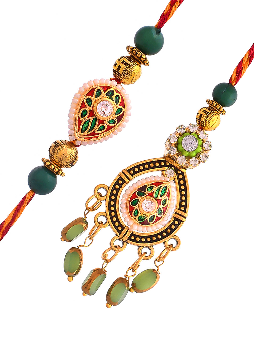 Elegant Kundan Meena Crafted Bhaiya Bhabhi Rakhi Set with Hanging Lumba Beads