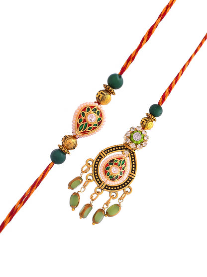 Elegant Kundan Meena Crafted Bhaiya Bhabhi Rakhi Set with Hanging Lumba Beads