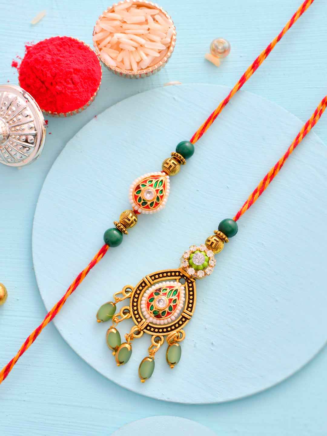 Elegant Kundan Meena Crafted Bhaiya Bhabhi Rakhi Set with Hanging Lumba Beads