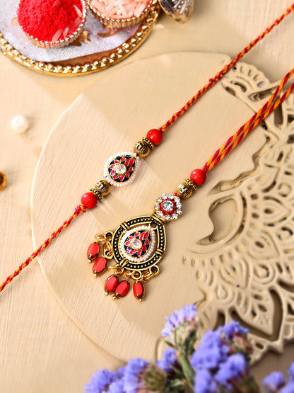 Elegant Kundan Meena Crafted Bhaiya Bhabhi Rakhi Set with Hanging Lumba Beads