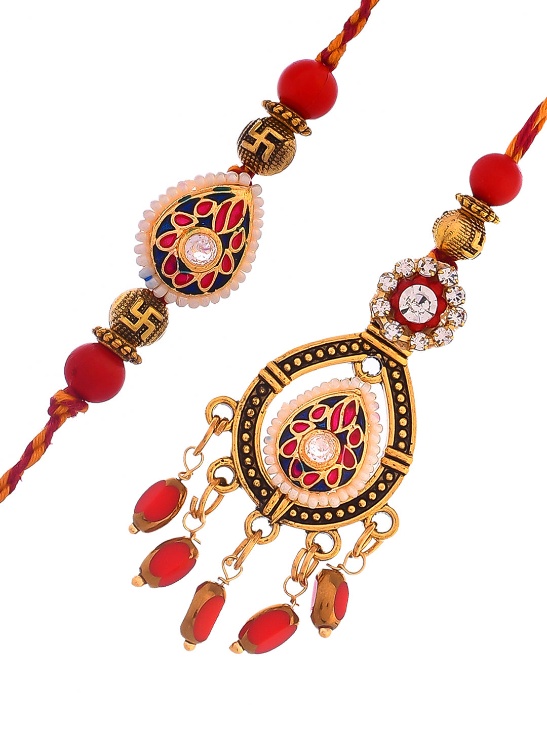 Elegant Kundan Meena Crafted Bhaiya Bhabhi Rakhi Set with Hanging Lumba Beads