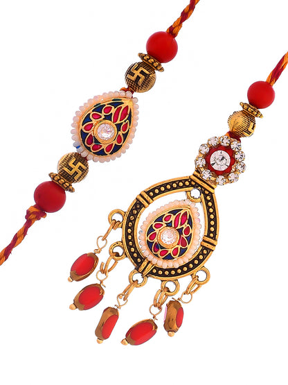 Elegant Kundan Meena Crafted Bhaiya Bhabhi Rakhi Set with Hanging Lumba Beads