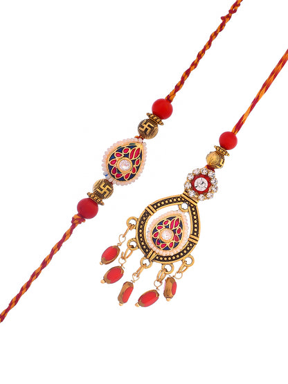 Elegant Kundan Meena Crafted Bhaiya Bhabhi Rakhi Set with Hanging Lumba Beads