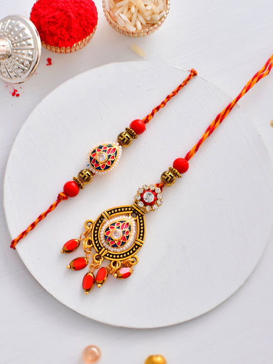 Elegant Kundan Meena Crafted Bhaiya Bhabhi Rakhi Set with Hanging Lumba Beads
