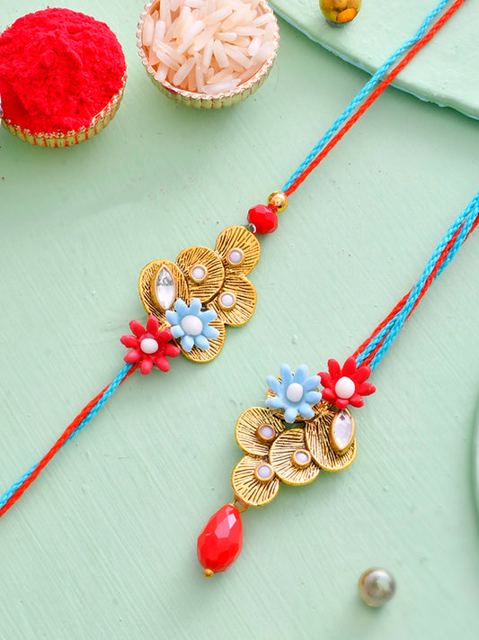 Red & Blue Flowers with Stone Studded Bhaiya Bhabhi Rakhi Set