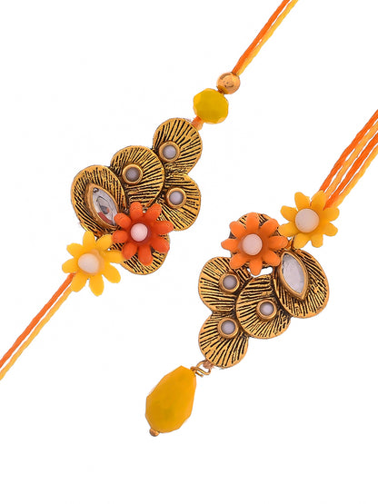 Yellow & Orange Flowers with Stone Studded Bhaiya Bhabhi Rakhi Set