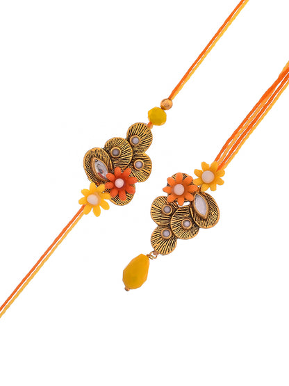 Yellow & Orange Flowers with Stone Studded Bhaiya Bhabhi Rakhi Set