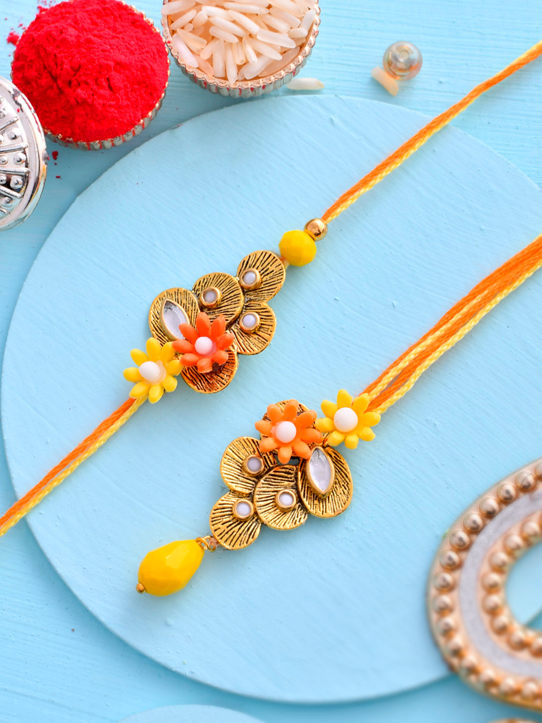 Yellow & Orange Flowers with Stone Studded Bhaiya Bhabhi Rakhi Set