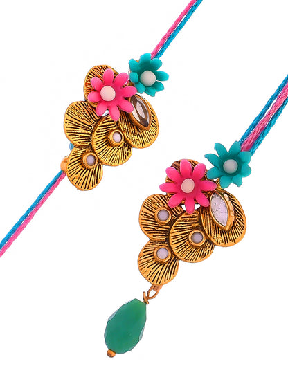 Red & Blue Flowers with Stone Studded Bhaiya Bhabhi Rakhi Set