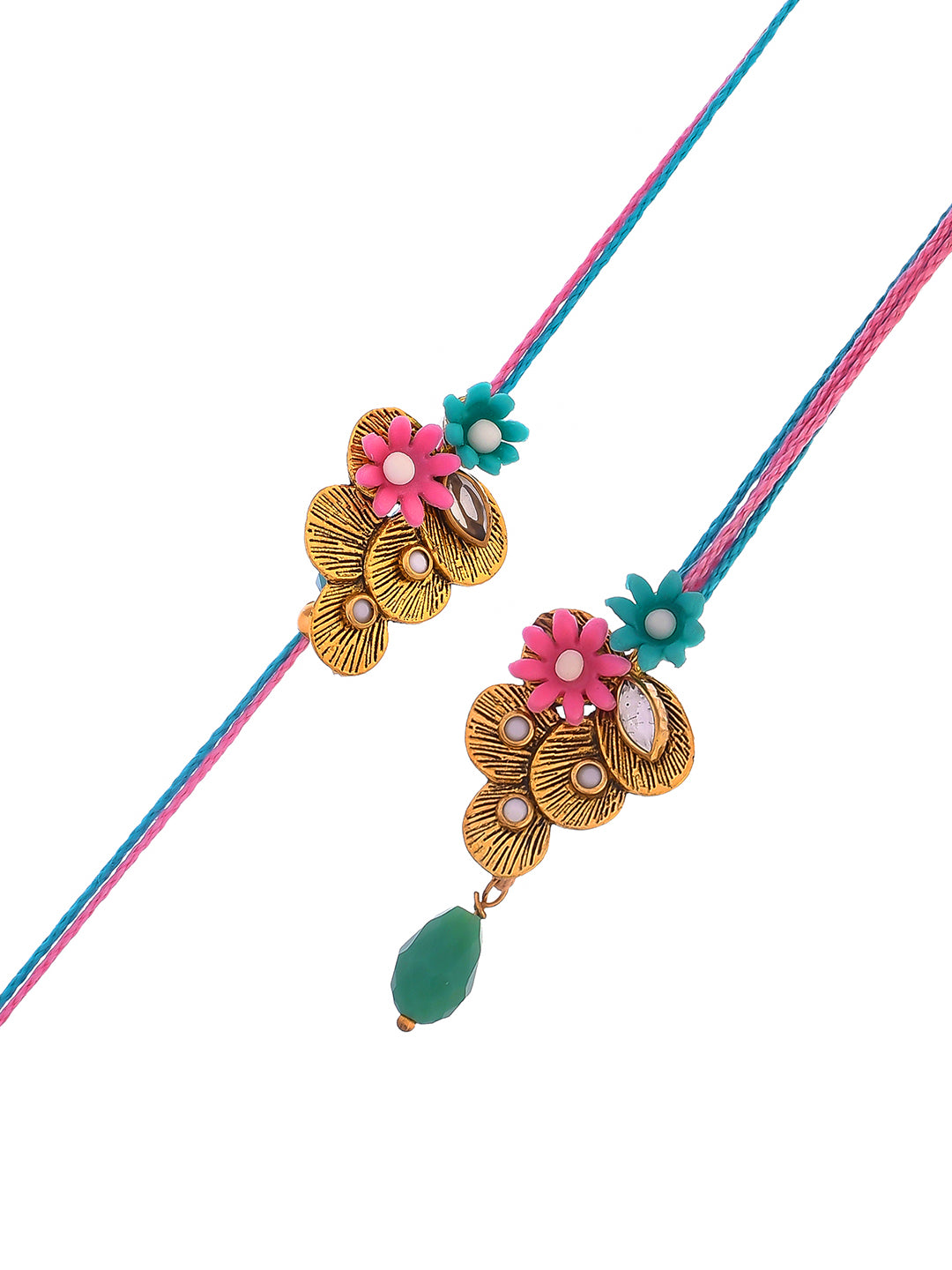 Red & Blue Flowers with Stone Studded Bhaiya Bhabhi Rakhi Set