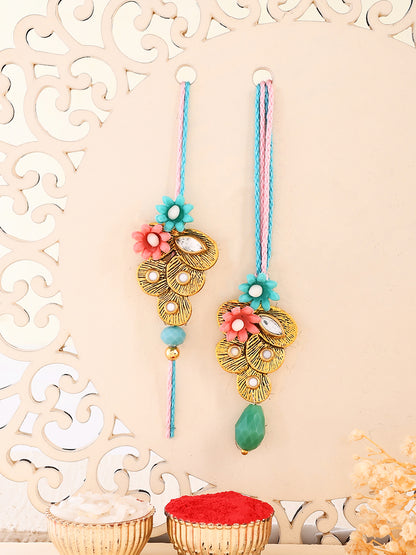 Red & Blue Flowers with Stone Studded Bhaiya Bhabhi Rakhi Set