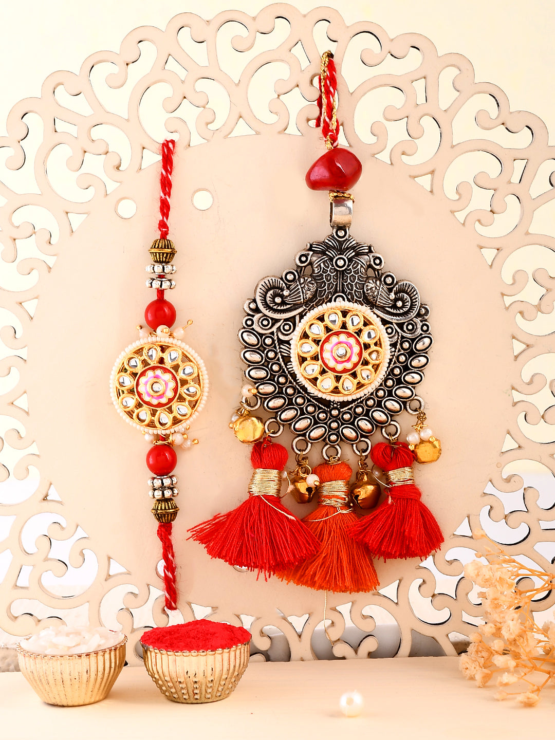 Oxidised Silver Carved with Beautiful Red Resham Bhaiya Bhabhi Rakhi Set