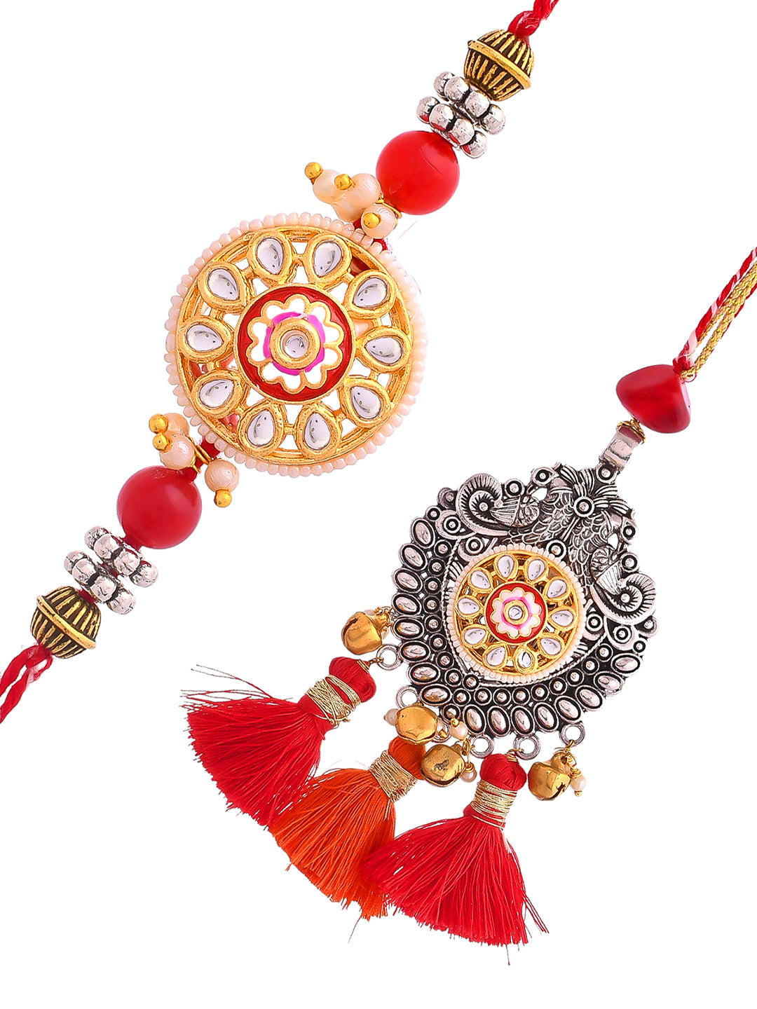 Oxidised Silver Carved with Beautiful Red Resham Bhaiya Bhabhi Rakhi Set