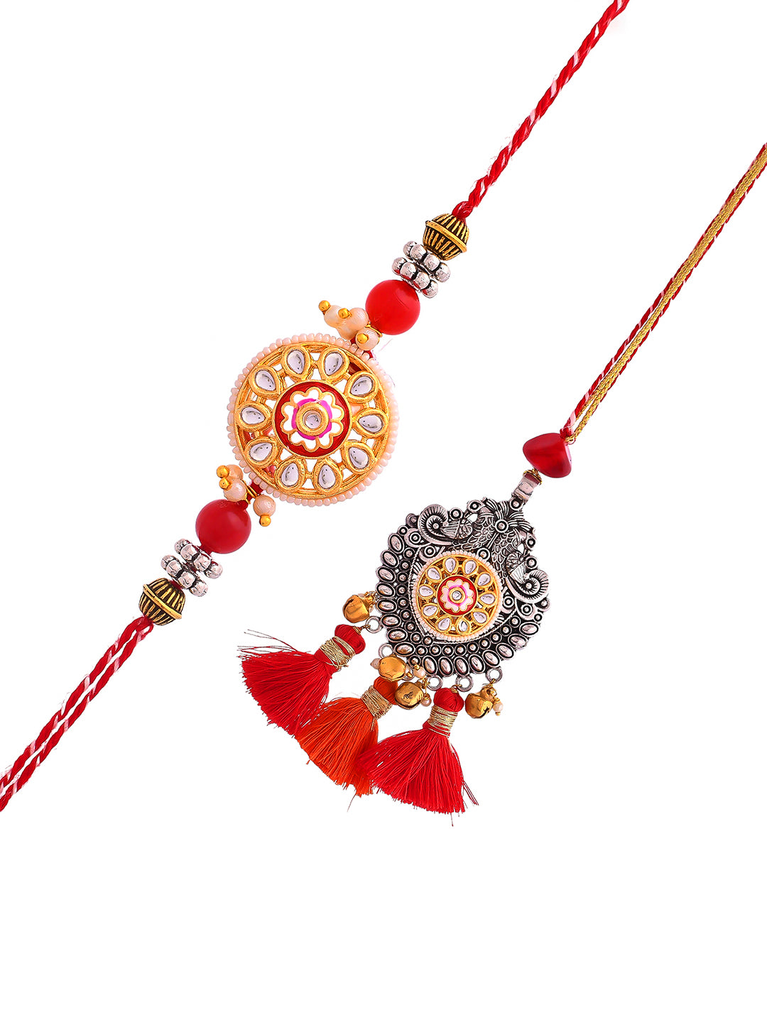 Oxidised Silver Carved with Beautiful Red Resham Bhaiya Bhabhi Rakhi Set