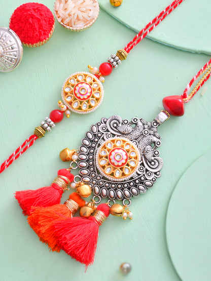 Oxidised Silver Carved with Beautiful Red Resham Bhaiya Bhabhi Rakhi Set