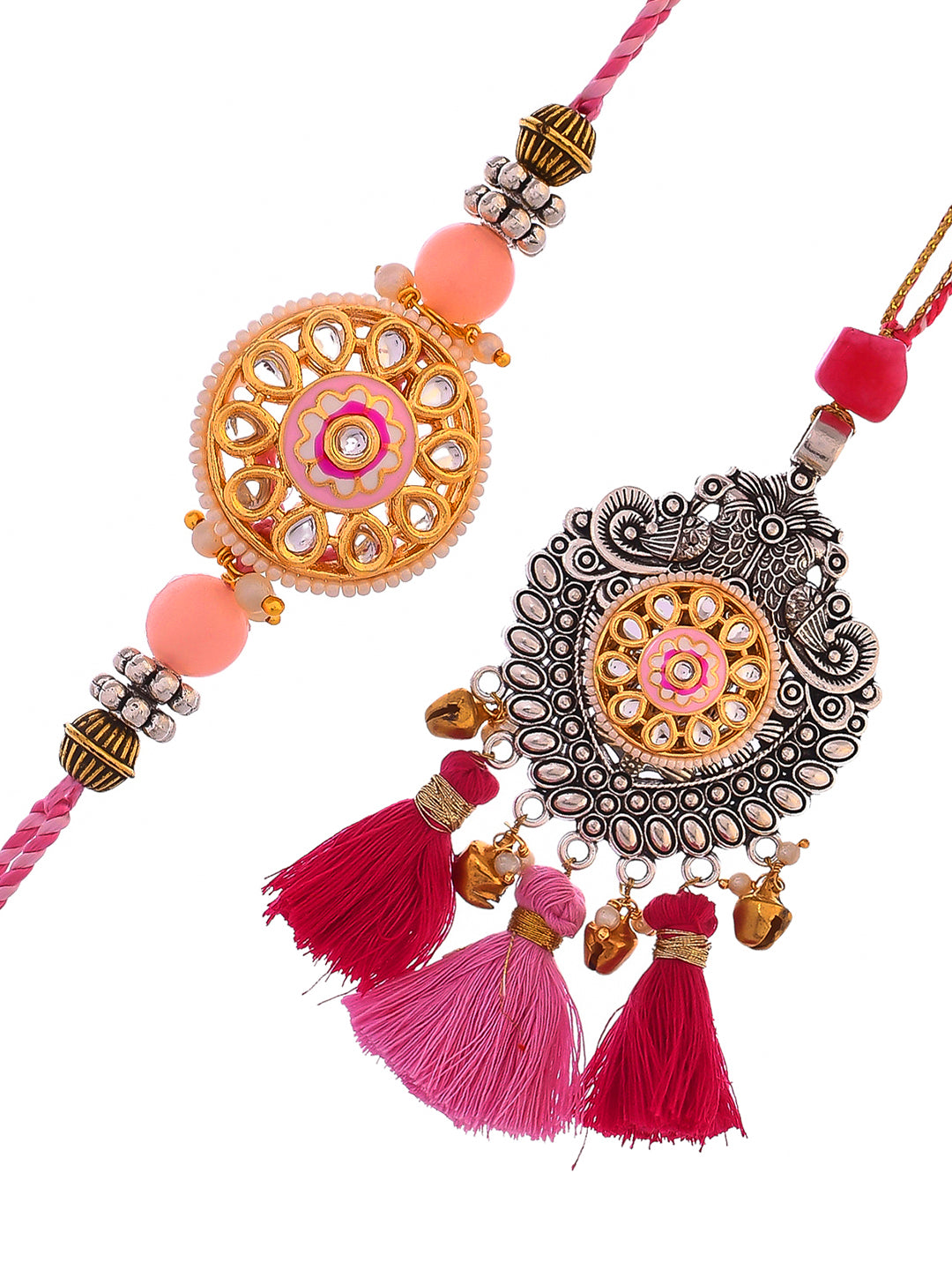 Oxidised Silver Carved with Beautiful Pink Resham Bhaiya Bhabhi Rakhi Set