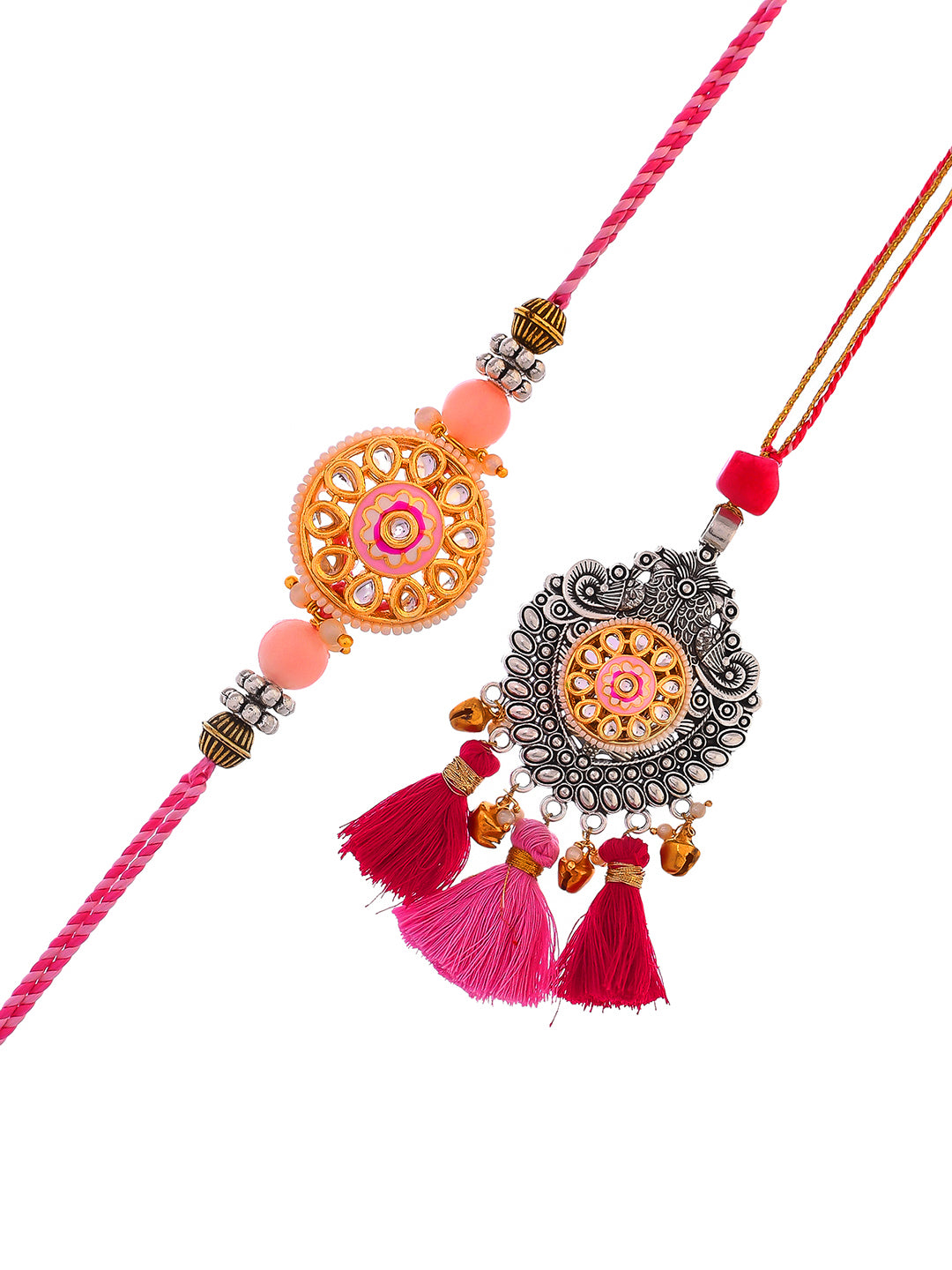 Oxidised Silver Carved with Beautiful Pink Resham Bhaiya Bhabhi Rakhi Set