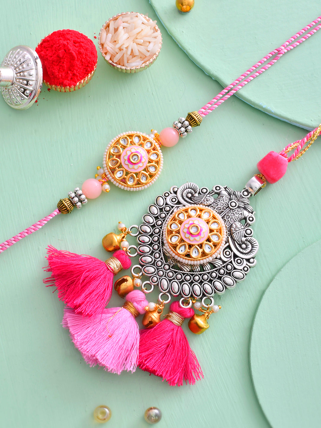 Oxidised Silver Carved with Beautiful Pink Resham Bhaiya Bhabhi Rakhi Set