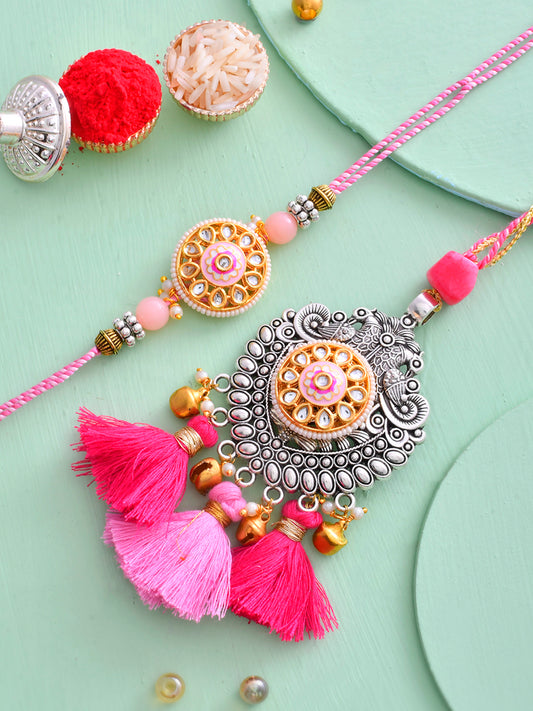 Oxidised Silver Carved with Beautiful Pink Resham Bhaiya Bhabhi Rakhi Set