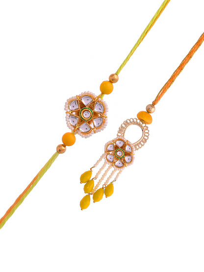 Exquisite Kundan Crafted & Pearl Hanging Bhaiya Bhabhi Rakhi Set