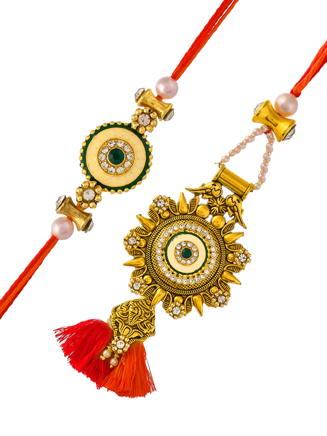 Golden Engraving with Pearls and Kundan Bhaiya bhabhi Rakhi Set