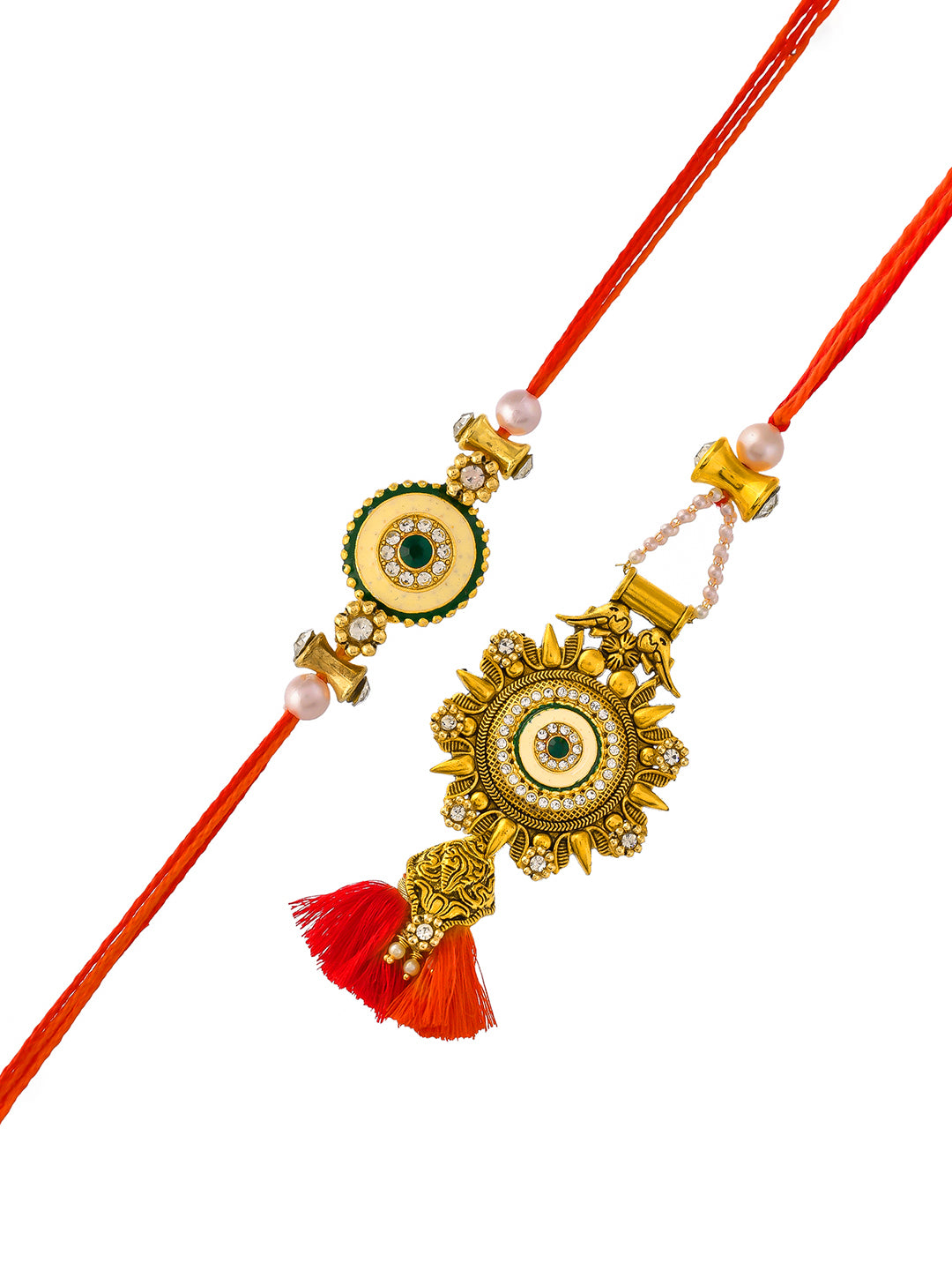 Golden Engraving with Pearls and Kundan Bhaiya bhabhi Rakhi Set