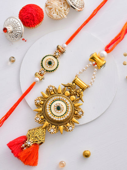 Golden Engraving with Pearls and Kundan Bhaiya bhabhi Rakhi Set