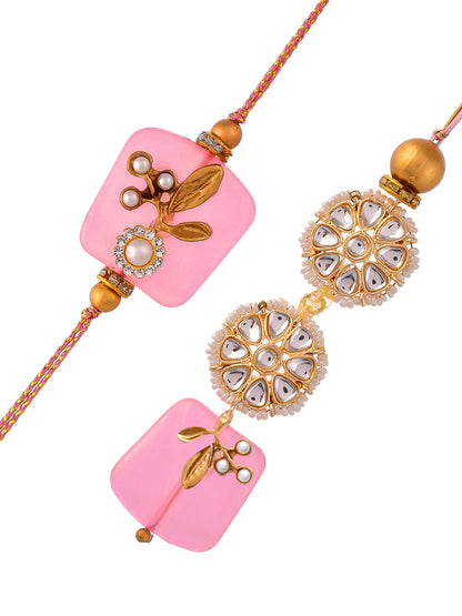 Kundan Crafted In Beautiful Floral Patterned Pink Crystal Bhaiya Bhabhi Rakhi Set