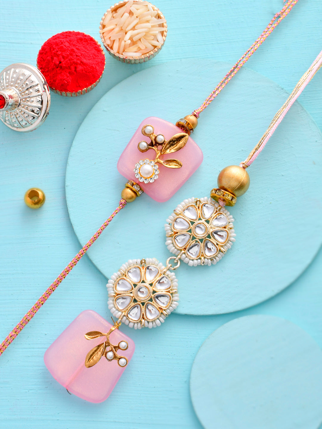 Kundan Crafted In Beautiful Floral Patterned Pink Crystal Bhaiya Bhabhi Rakhi Set