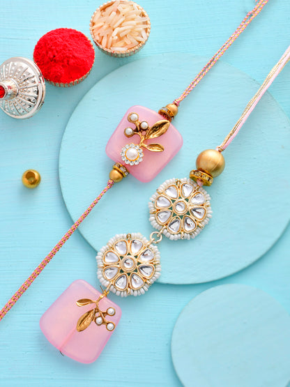 Kundan Crafted In Beautiful Floral Patterned Pink Crystal Bhaiya Bhabhi Rakhi Set