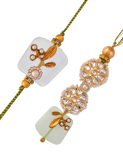 Kundan Crafted In Beautiful Floral Patterned Green Crystal Bhaiya Bhabhi Rakhi Set