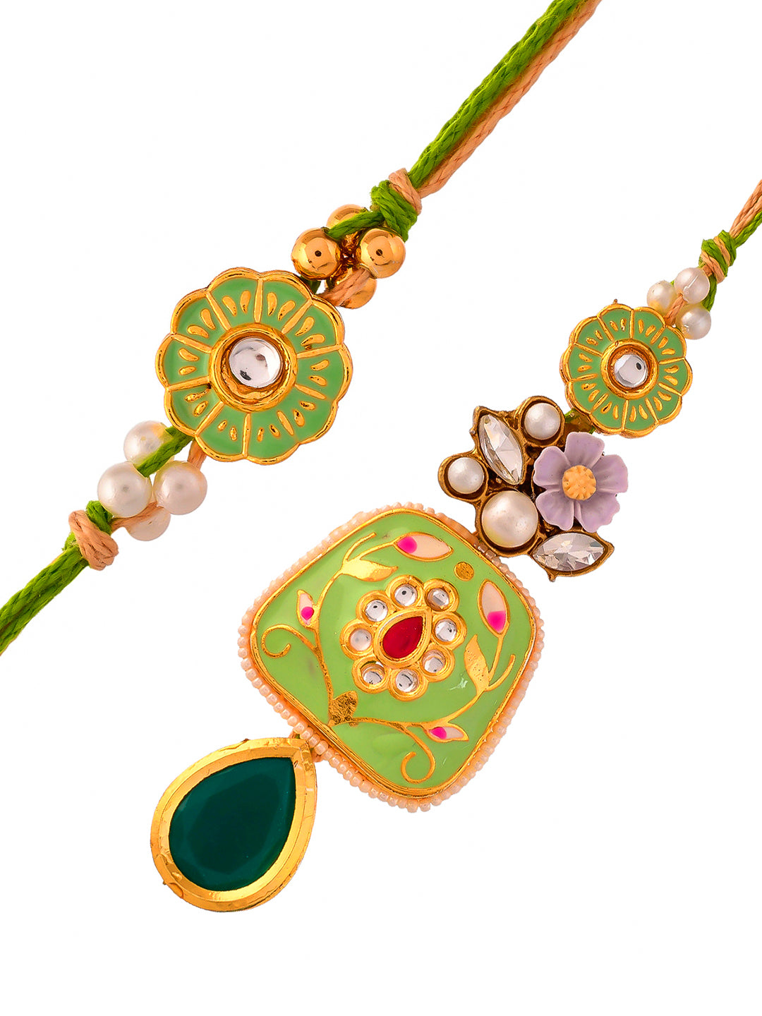 Pista Green Ceramic Enamled & Kundan Crafted Bhaiya Bhabhi Set